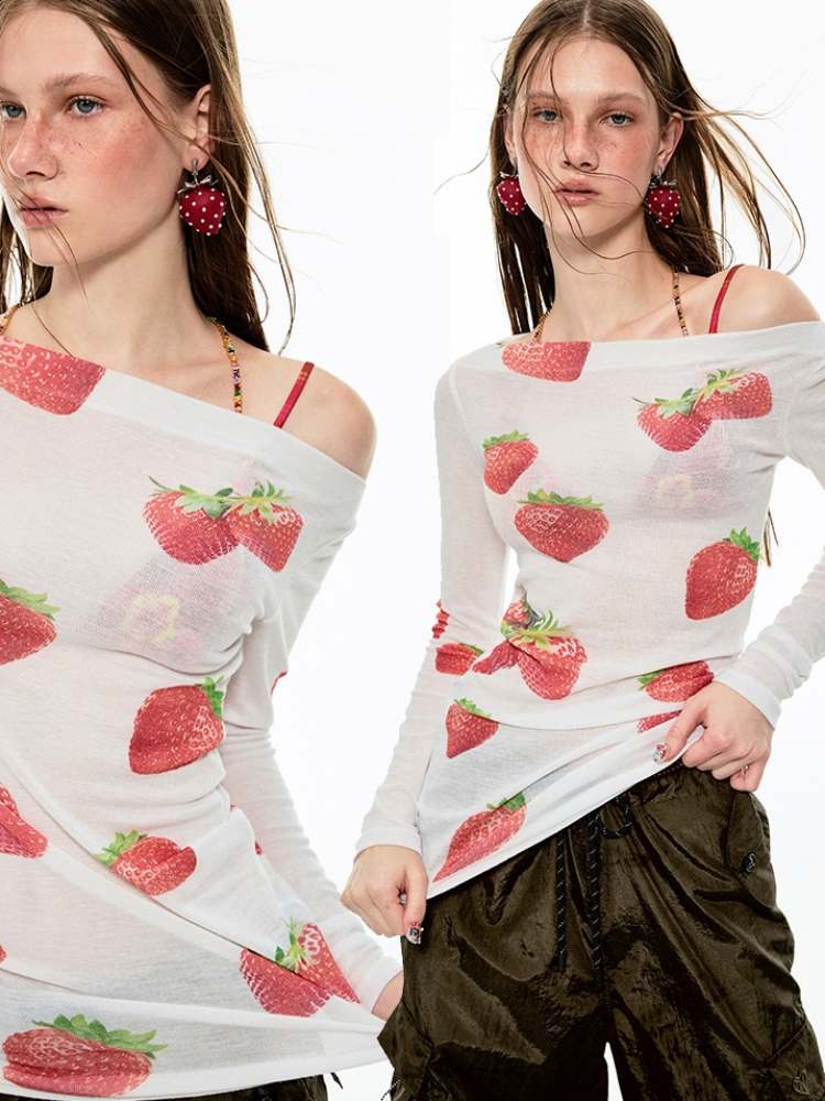 Off Shoulder Sheer Sexy Summer Print Tee