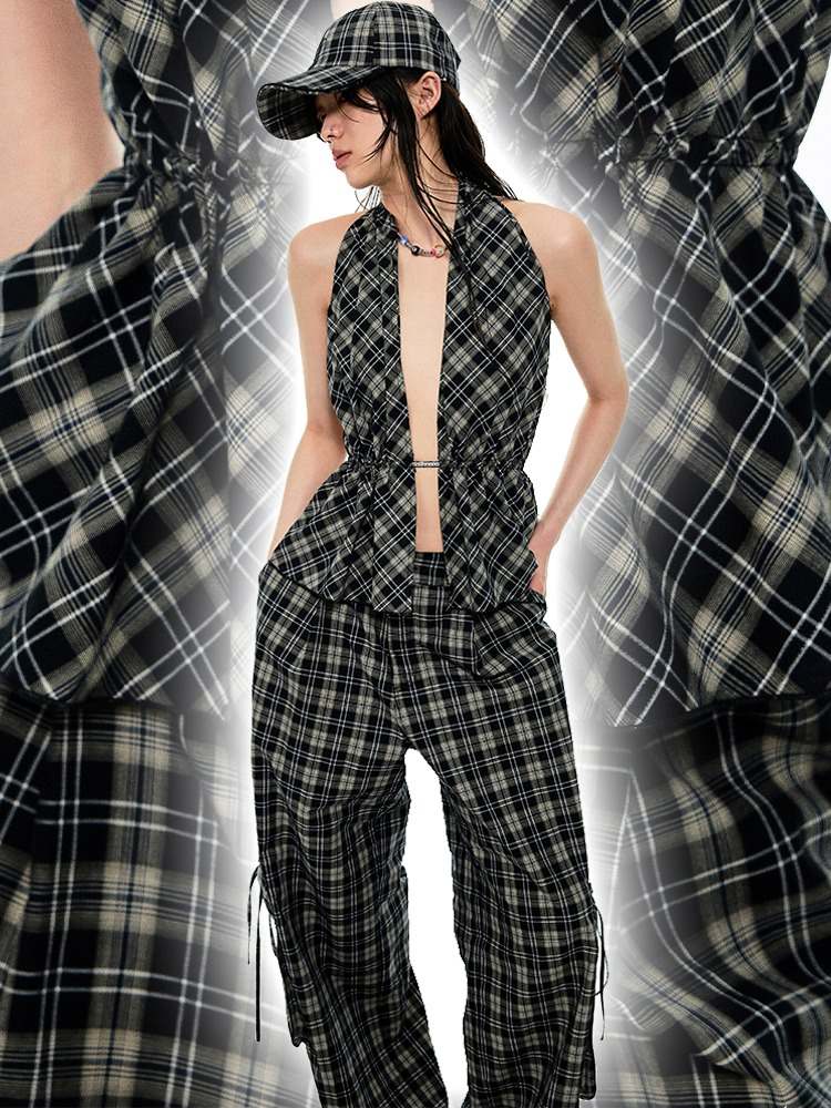 Multilayer Gradient Plaid Halter Backless Tops