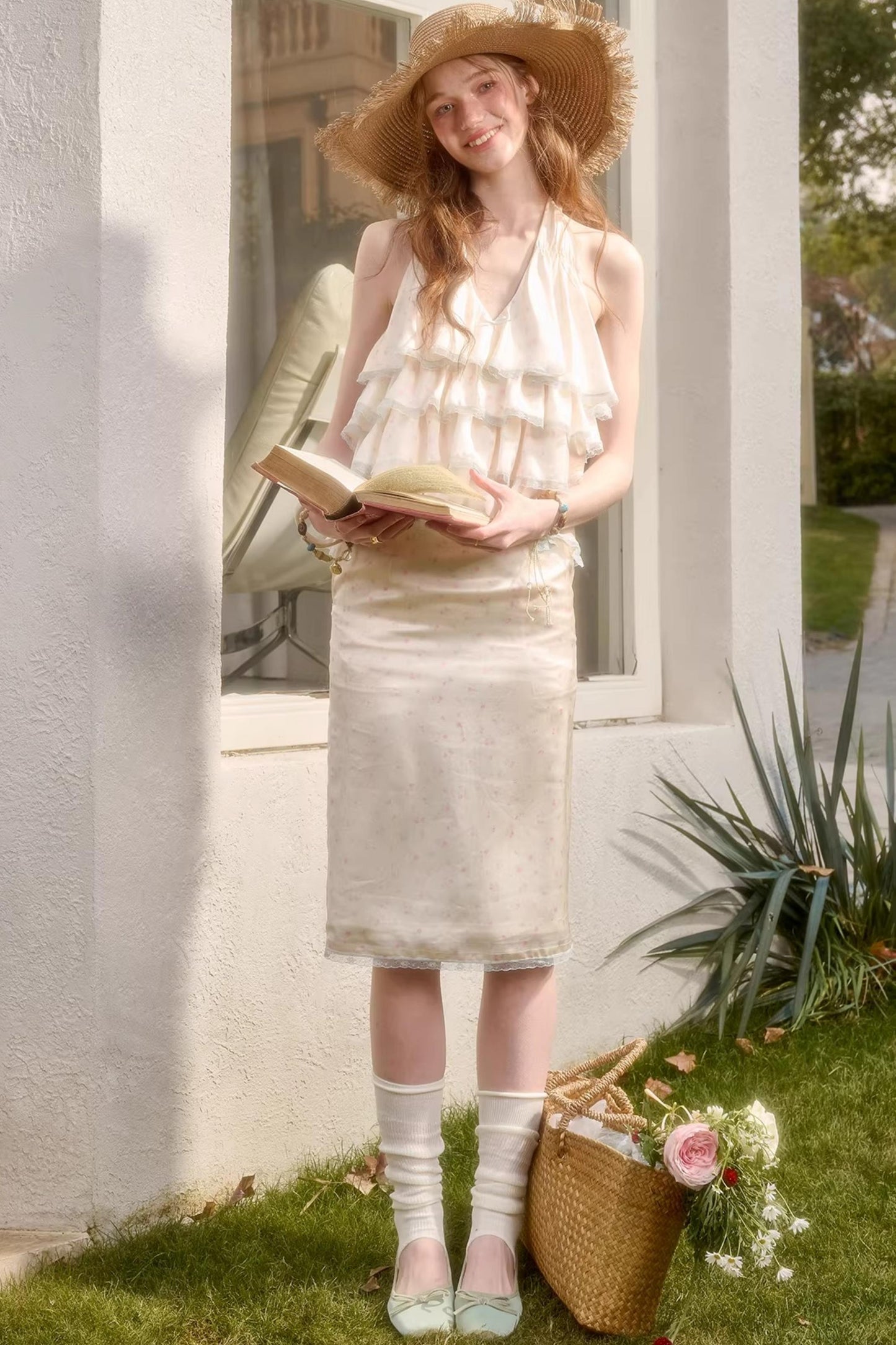 Lemon Floral Satin Lace Top Set-Up