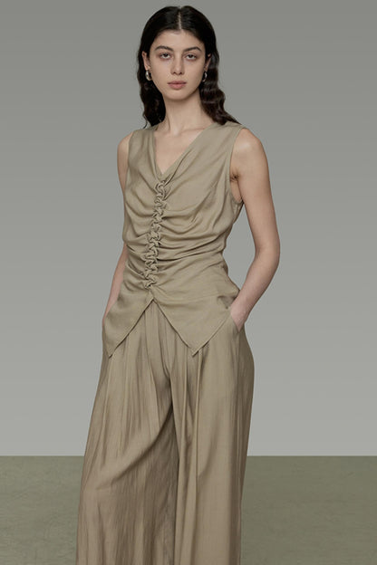 Khaki V-Neck Sleeveless Top