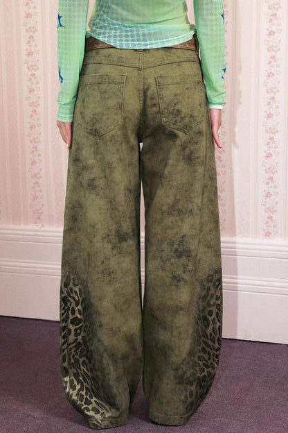 Cotton Washed Leopard Print Denim Pants