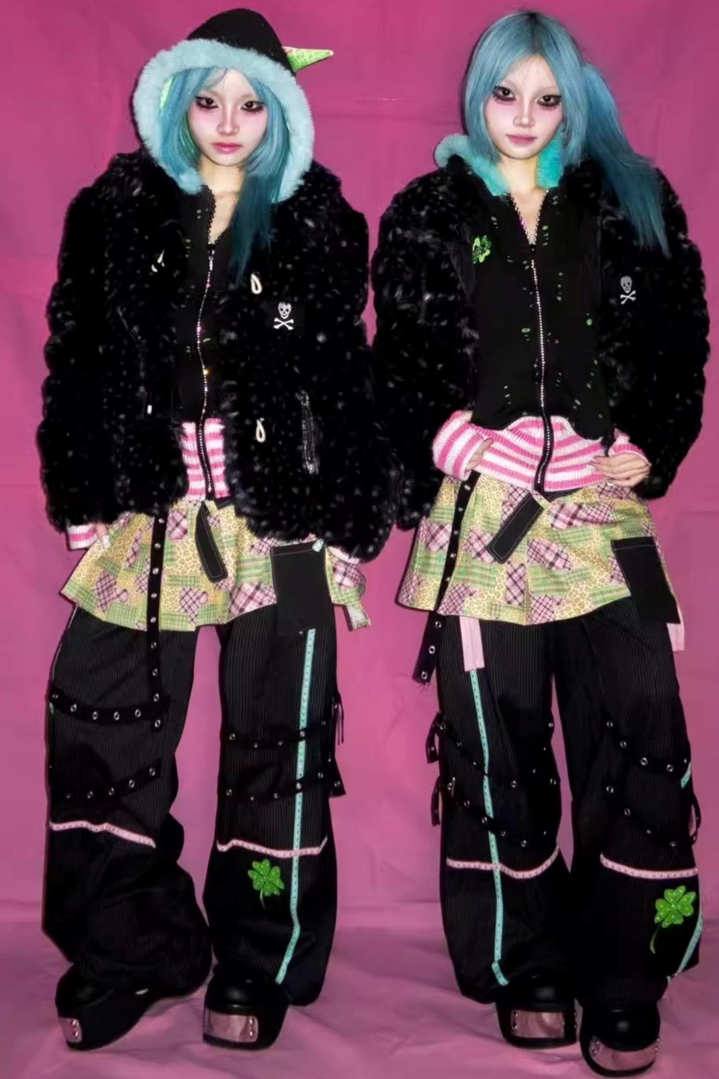 Four-Leaf Clover Embroidery Stripe Studded Trousers