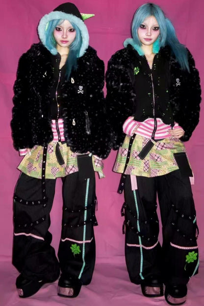 Four-Leaf Clover Embroidery Stripe Studded Trousers