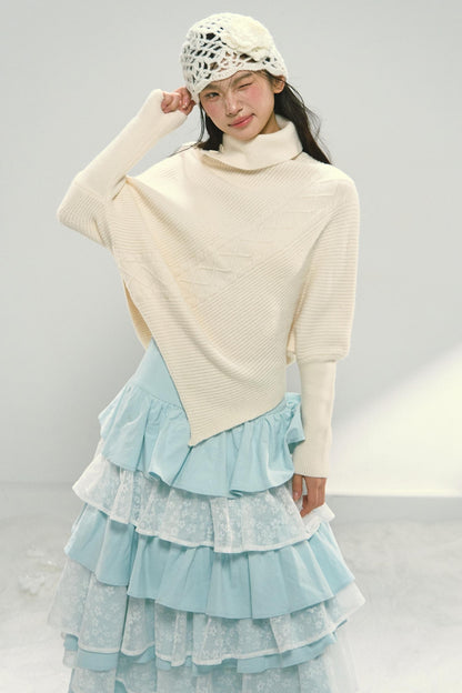 Mint Blue Lace Patchwork Puffy Skirt