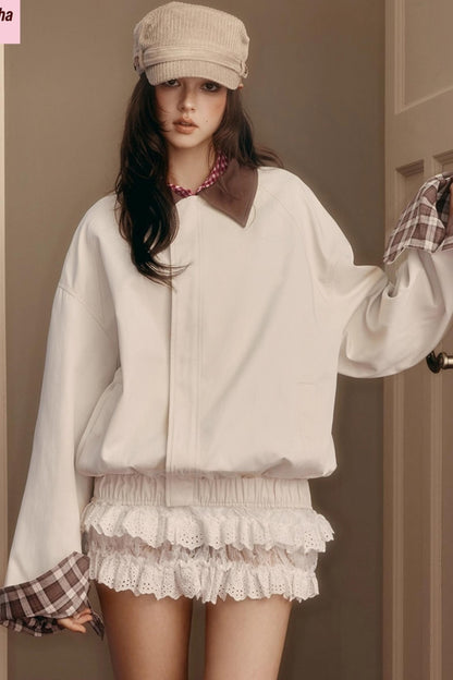 Retro Preppy Contrast Lapel Short Coat