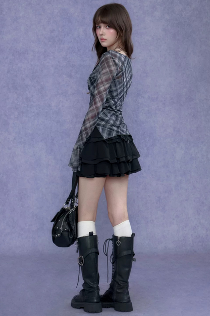 Gray Plaid Tie-Neck Top Set-Up