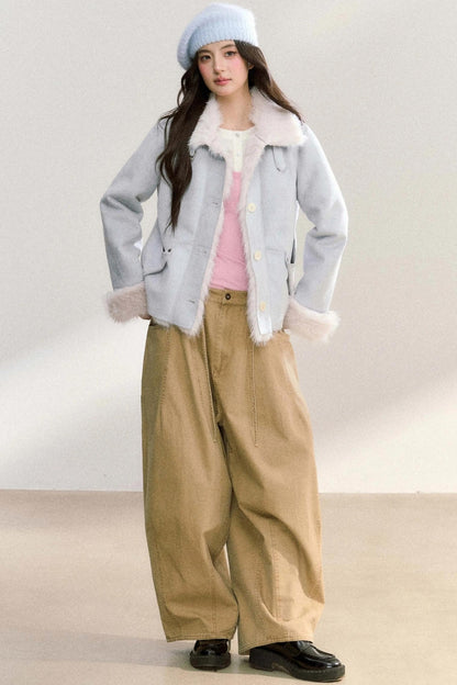 Suede Rivet Fur Collar Lapel Jacket