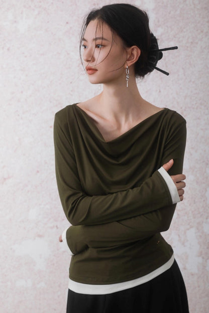 Tencel Lyocell Olive Green Swing Collar T-Shirt