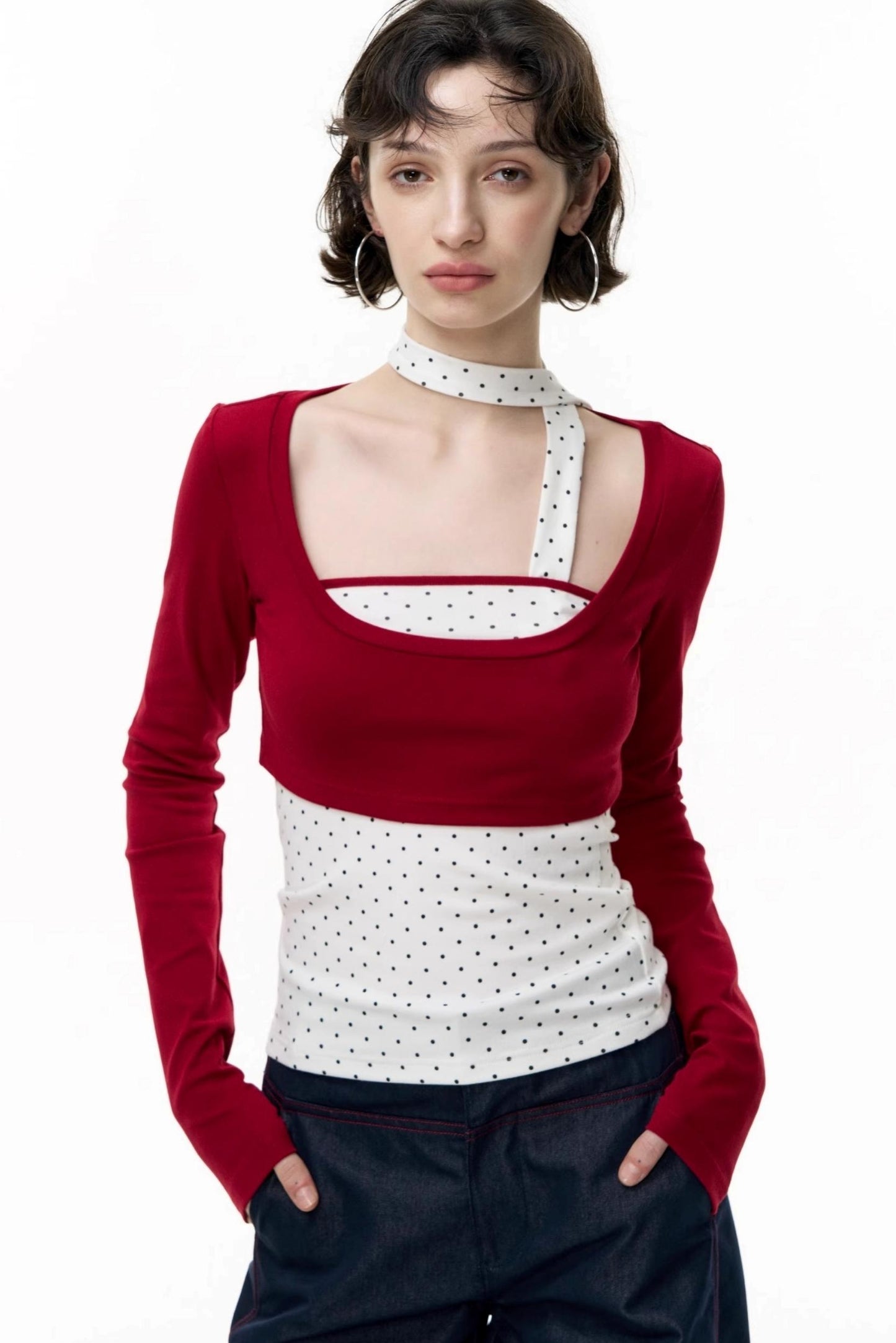 Contrast Long-Sleeved Top With Bandeau Set