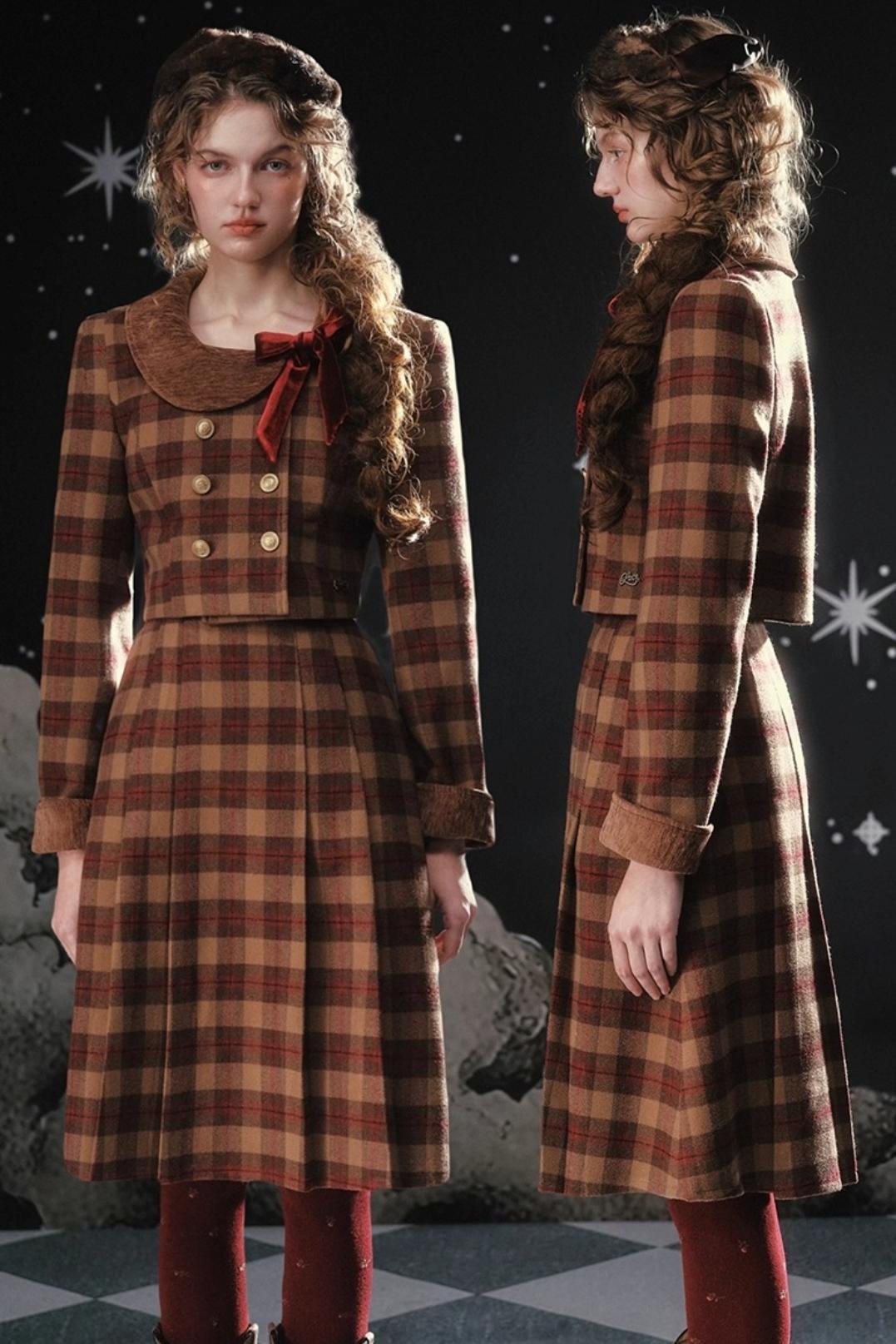 Plaid Woolen Jacket Suit Set-Up