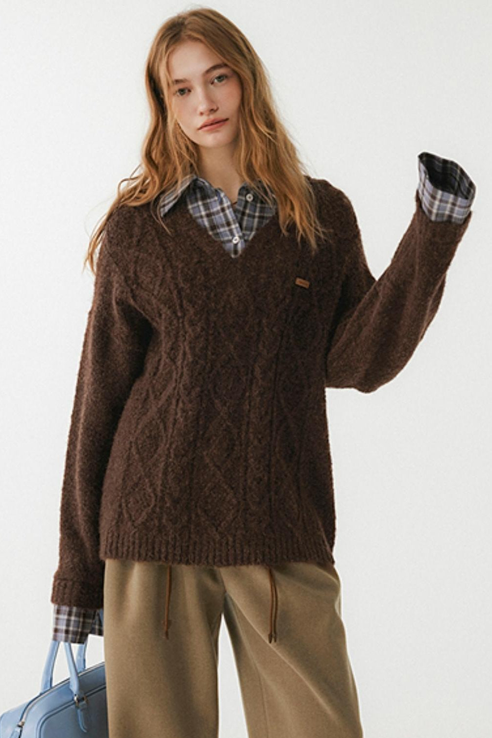 Brown Fake Two-Piece Plaid Shirt