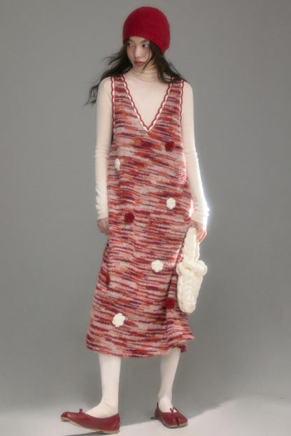 Red Vintage Crochet V-Neck Vest Dress