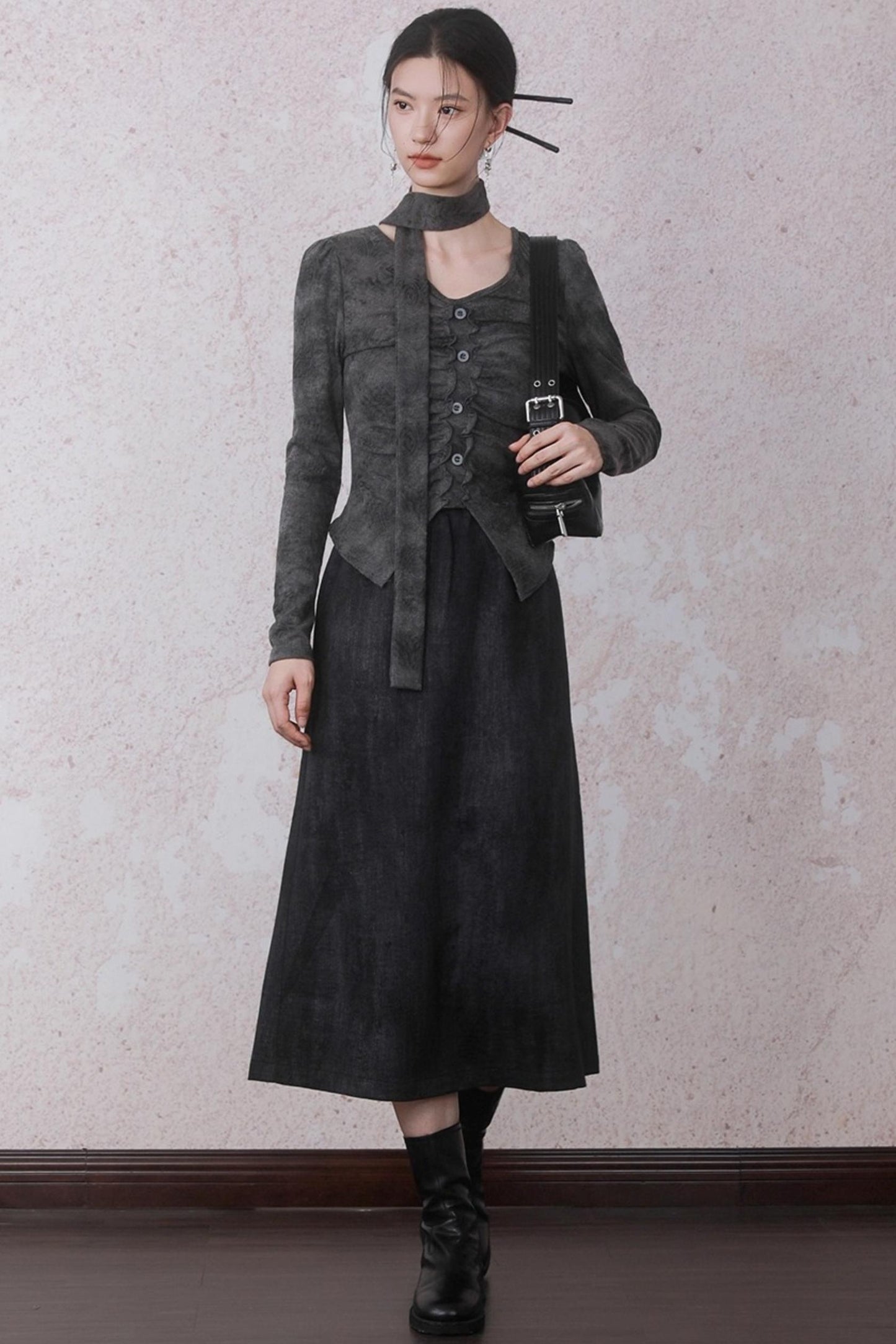 Autumn Gray Tie-dye Knitted V-Neck T-Shirt