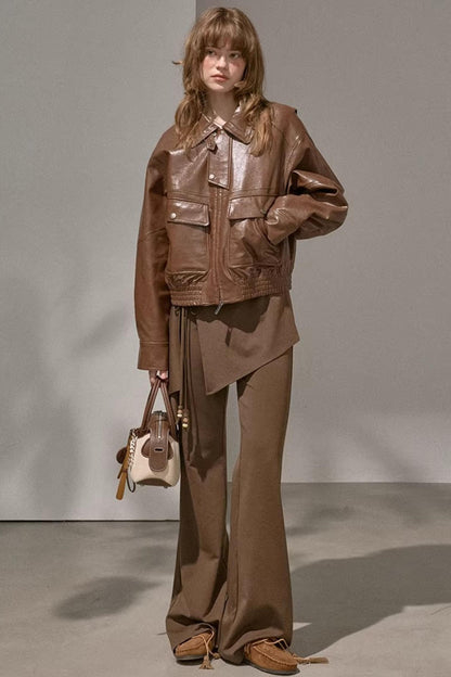 Vintage brown patchwork irregular flared pants with unique asymmetrical design