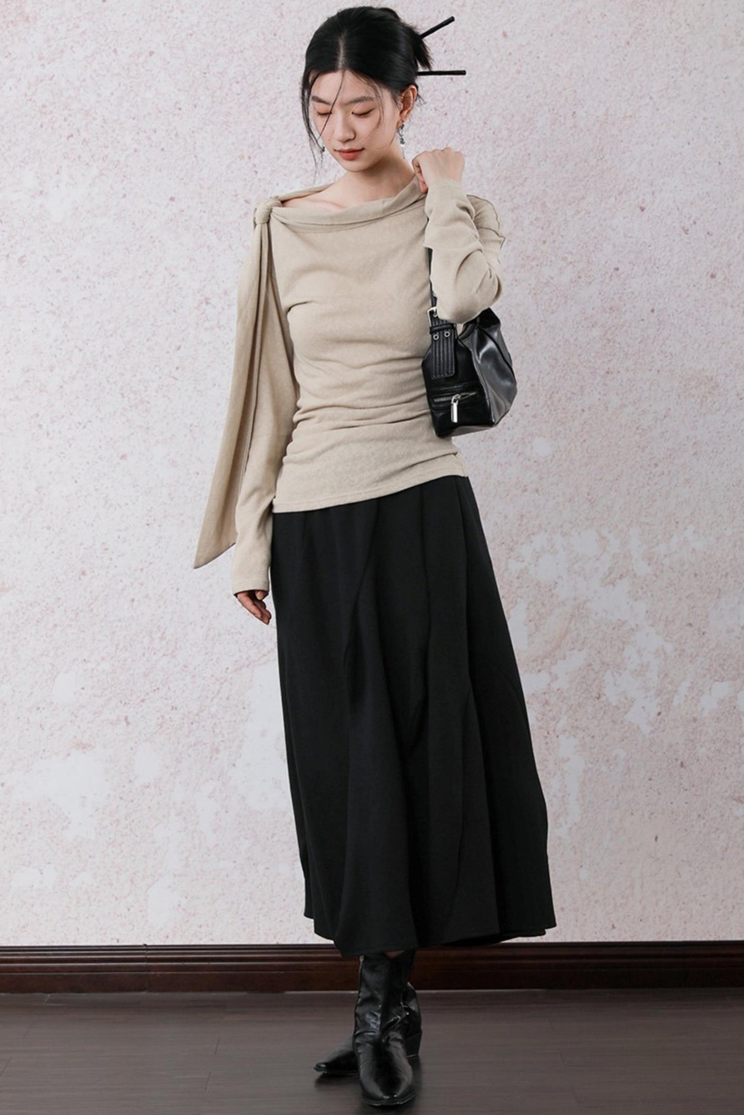 Milk Tea Long Sleeve One-Shoulder Top