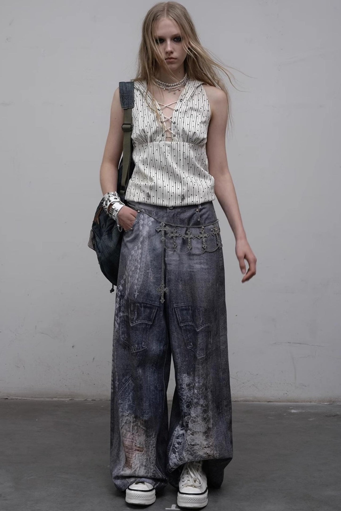 Printed Blue Wide-Leg Denim Pants