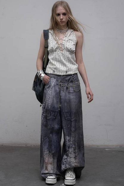 Printed Blue Wide-Leg Denim Pants