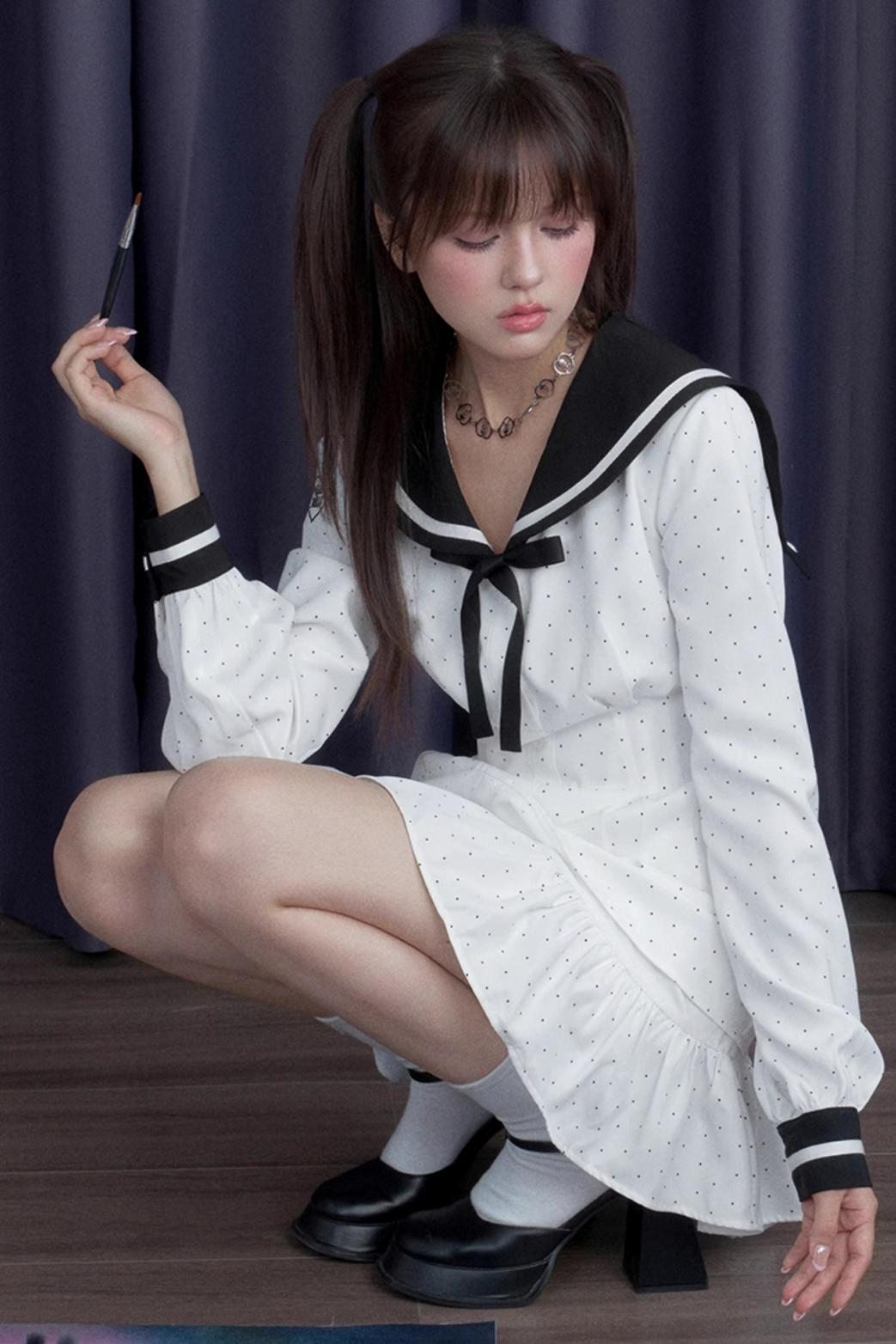 Sailor Neck Dress With Sweater Set-Up