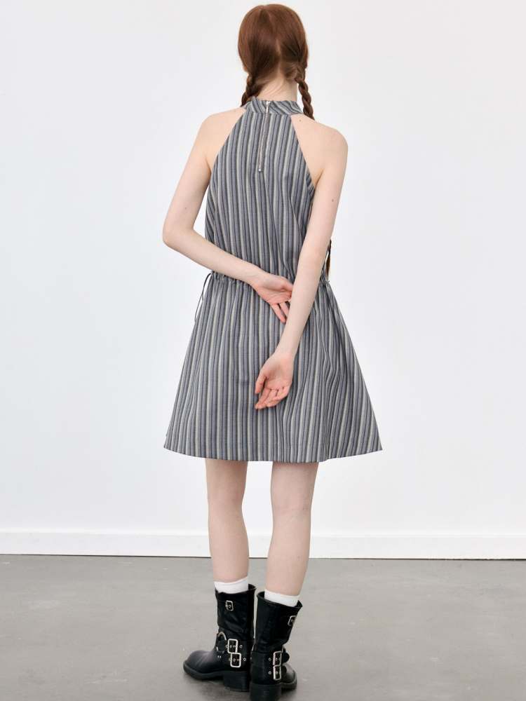 Halter Neck Tie Sleeveless Striped A-Line Dress