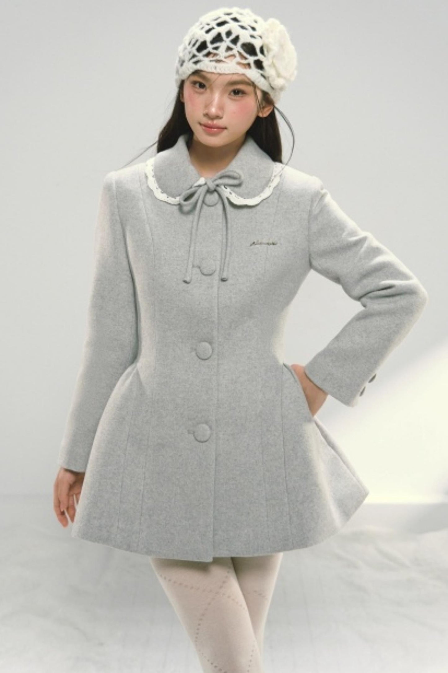 Light Gray Bow Woolen Coat