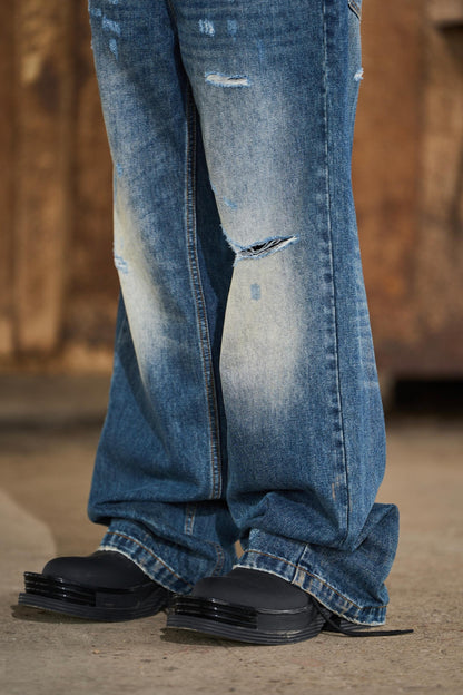 Ripped Straight-Leg Denim Pants