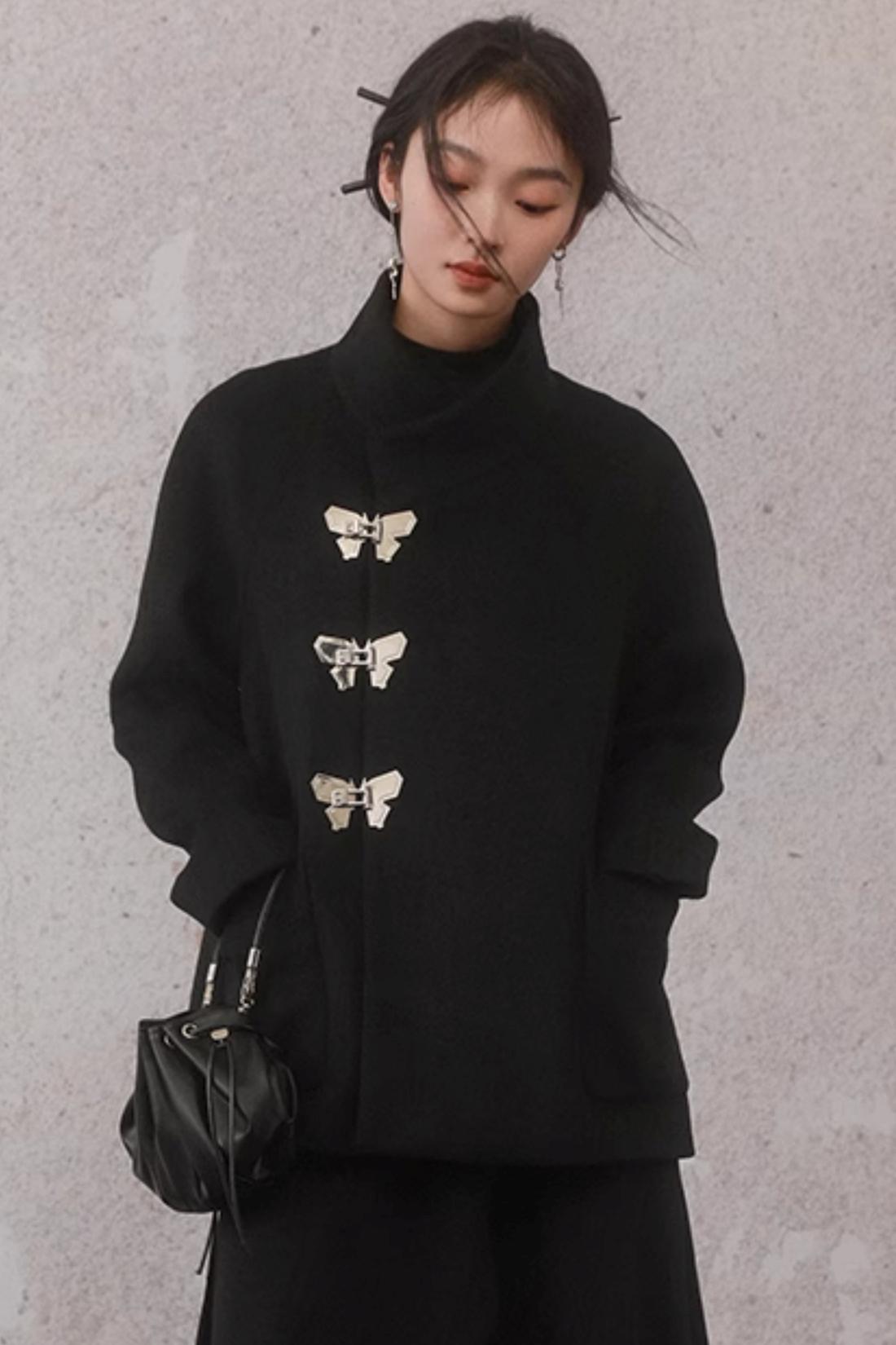 Black Woolen Butterfly Buckle Coat