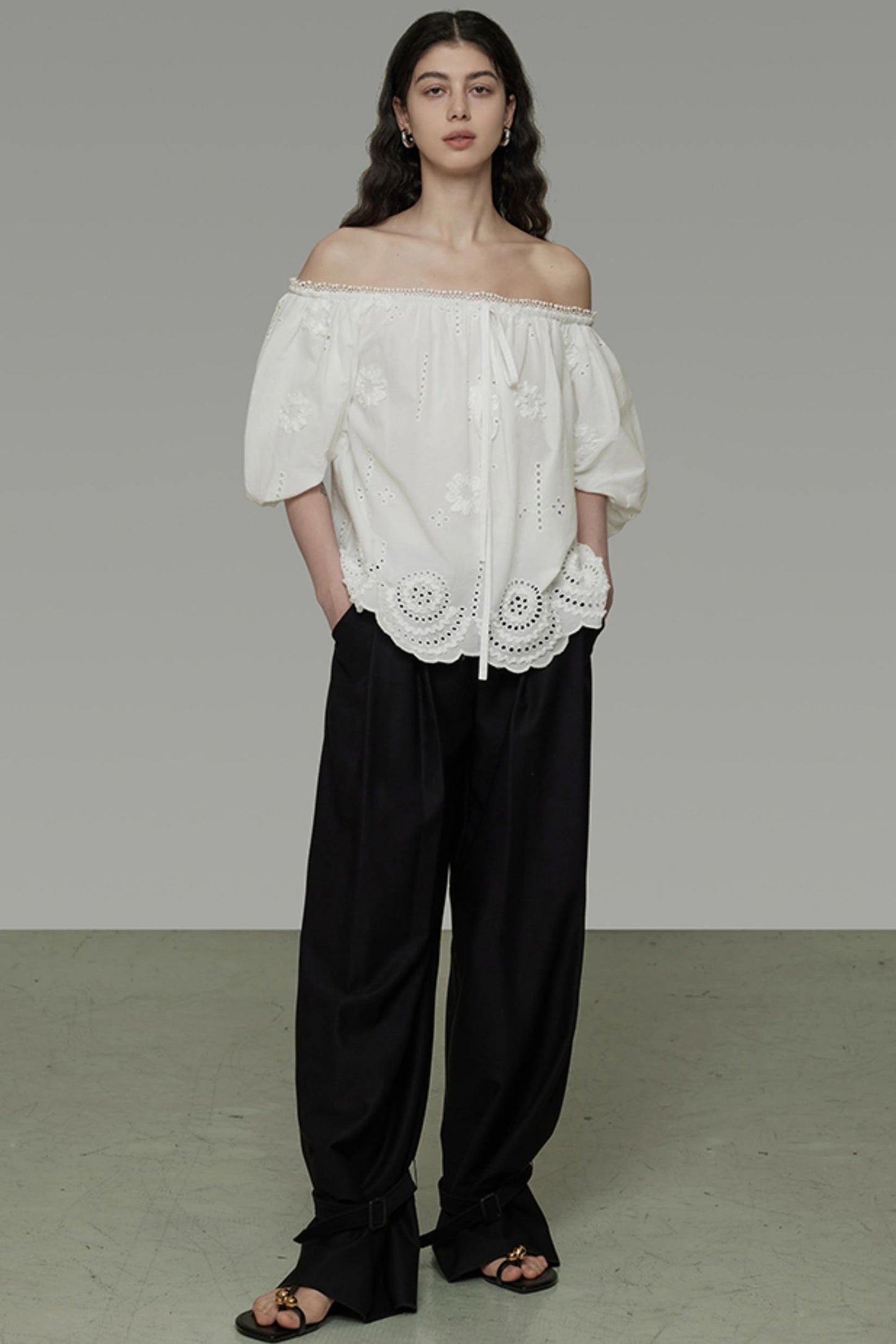 White Hollow Collar Blouse