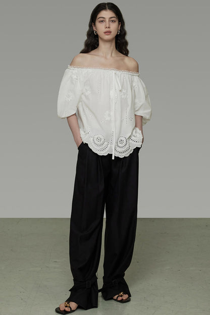 White Hollow Collar Blouse