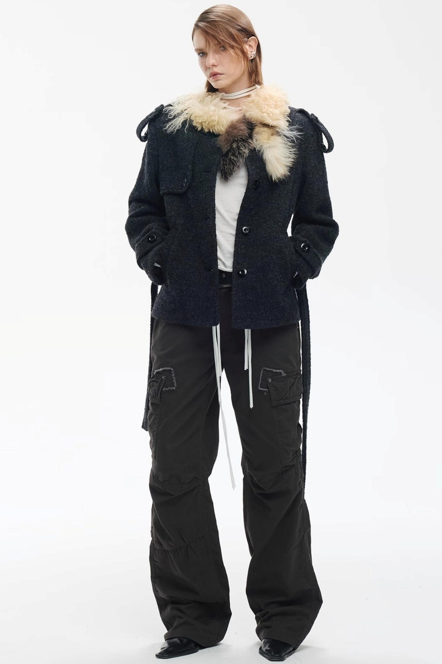 Wool Color-Blocked Fur Scarf