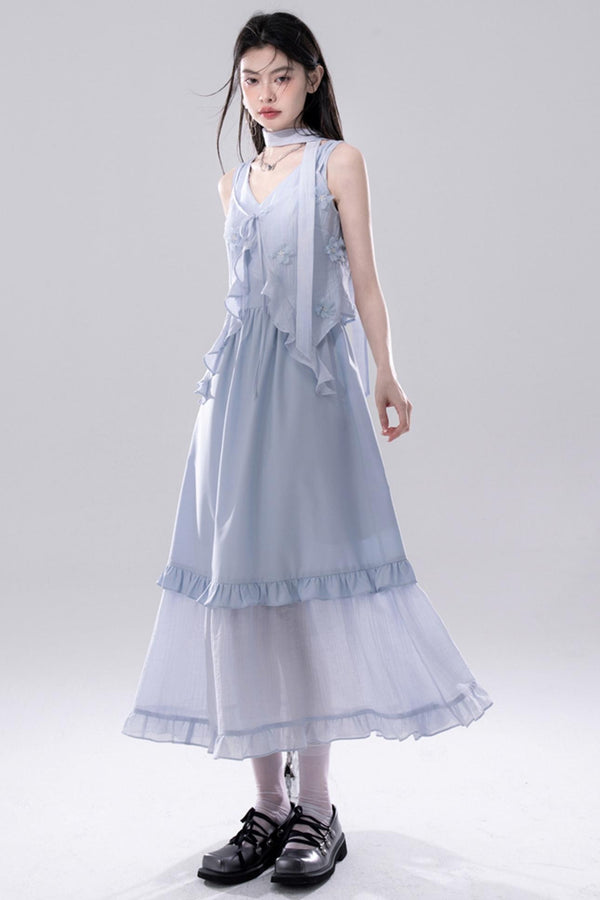 Embroidered Floral Cardigan Vest Dress Set