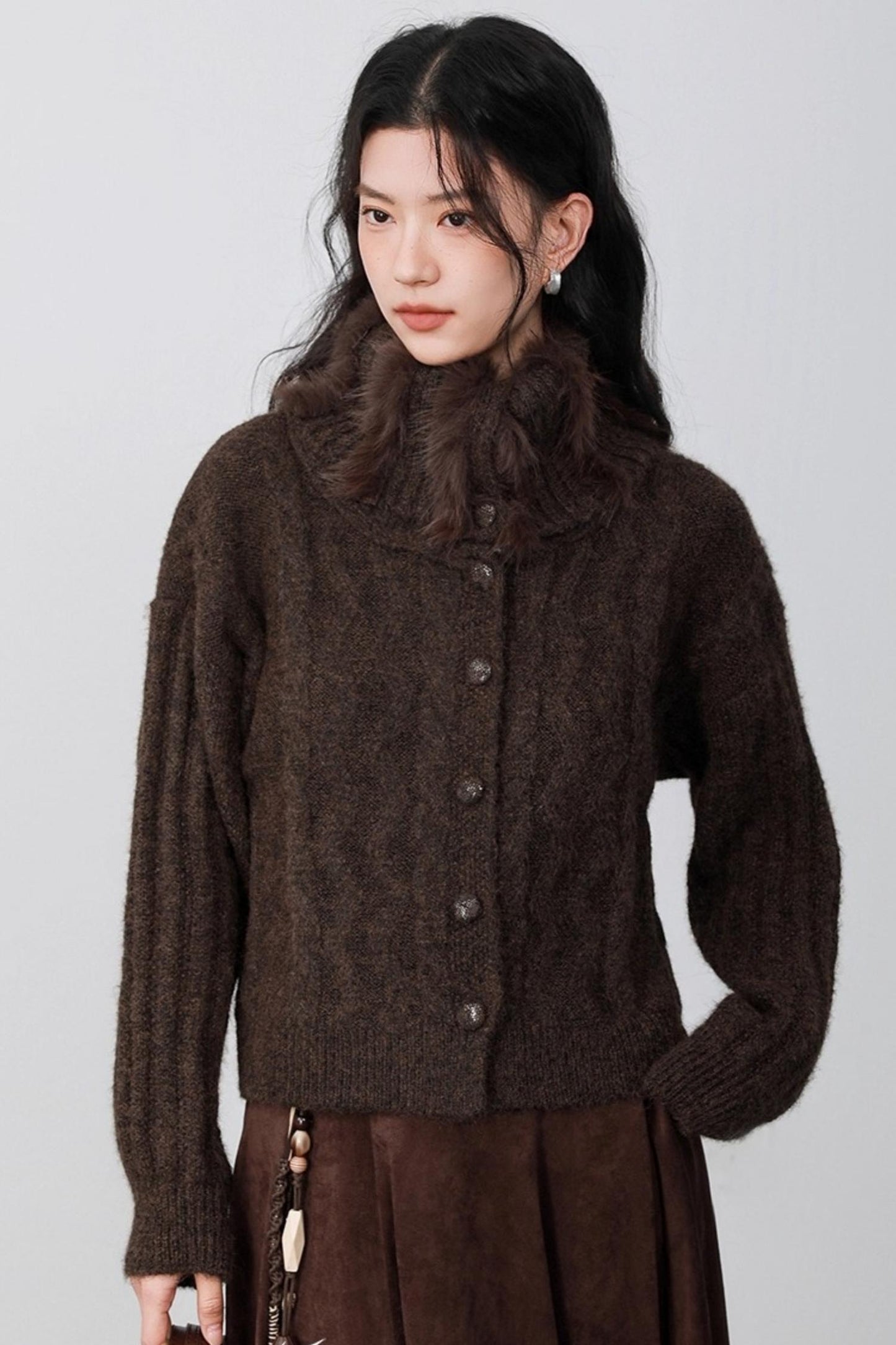 Caramel Brown Fur Collar Cardigan