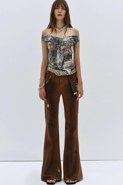 Splash Print Off-Shoulder Casual Top