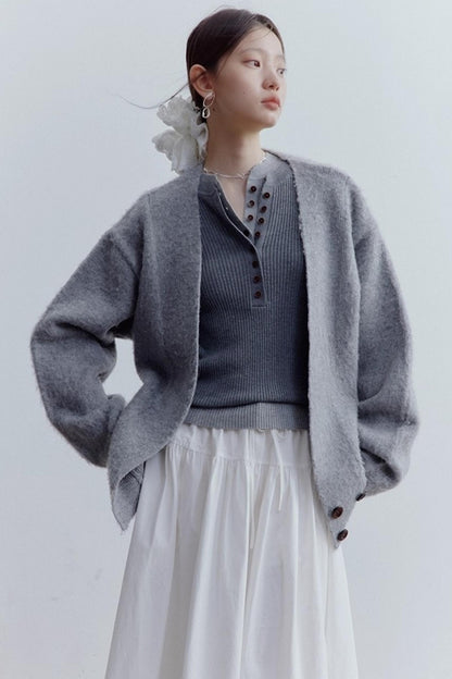 Misty Gray V-Neck Mohair Cardigan Coat