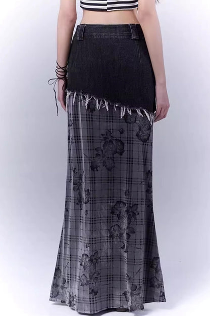 Rose Checkered Denim Skirt