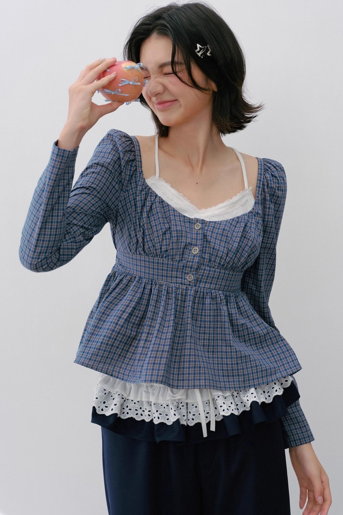 Vintage Navy Blue Check Cinched Shirt