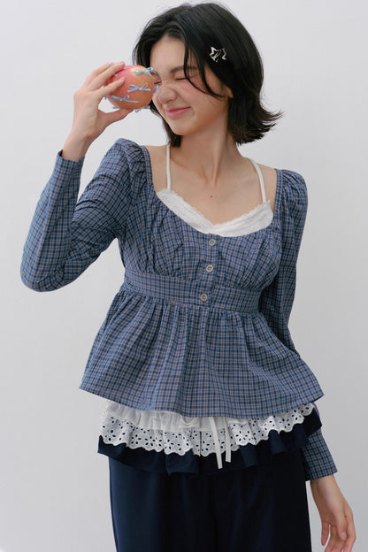 Vintage Navy Blue Check Cinched Shirt