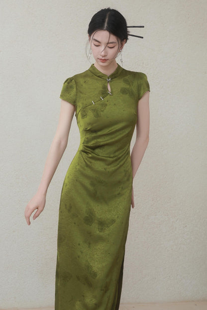 Summer Green Satin Cheongsam Dress