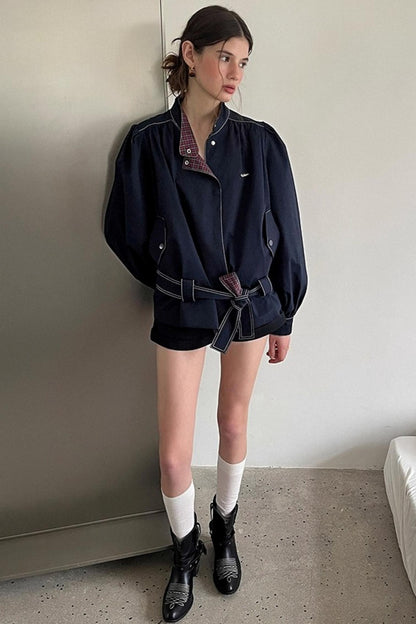 Vintage Navy Blue Patchwork Check Jacket