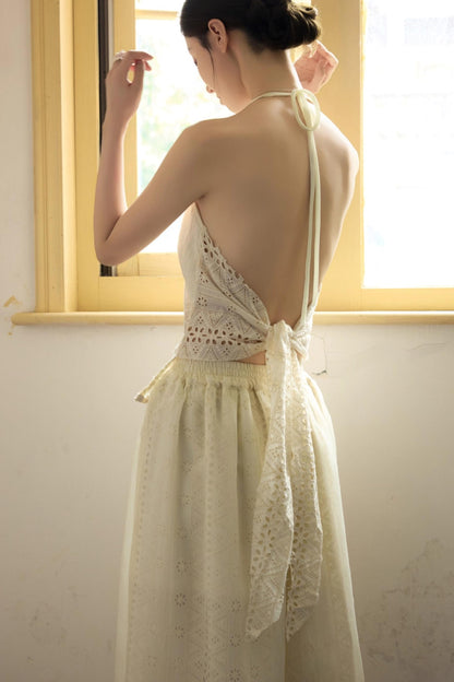 Romantic White Embroidered Halterneck Top
