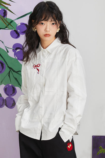 Retro Bow Embroidery Long Sleeve Shirt