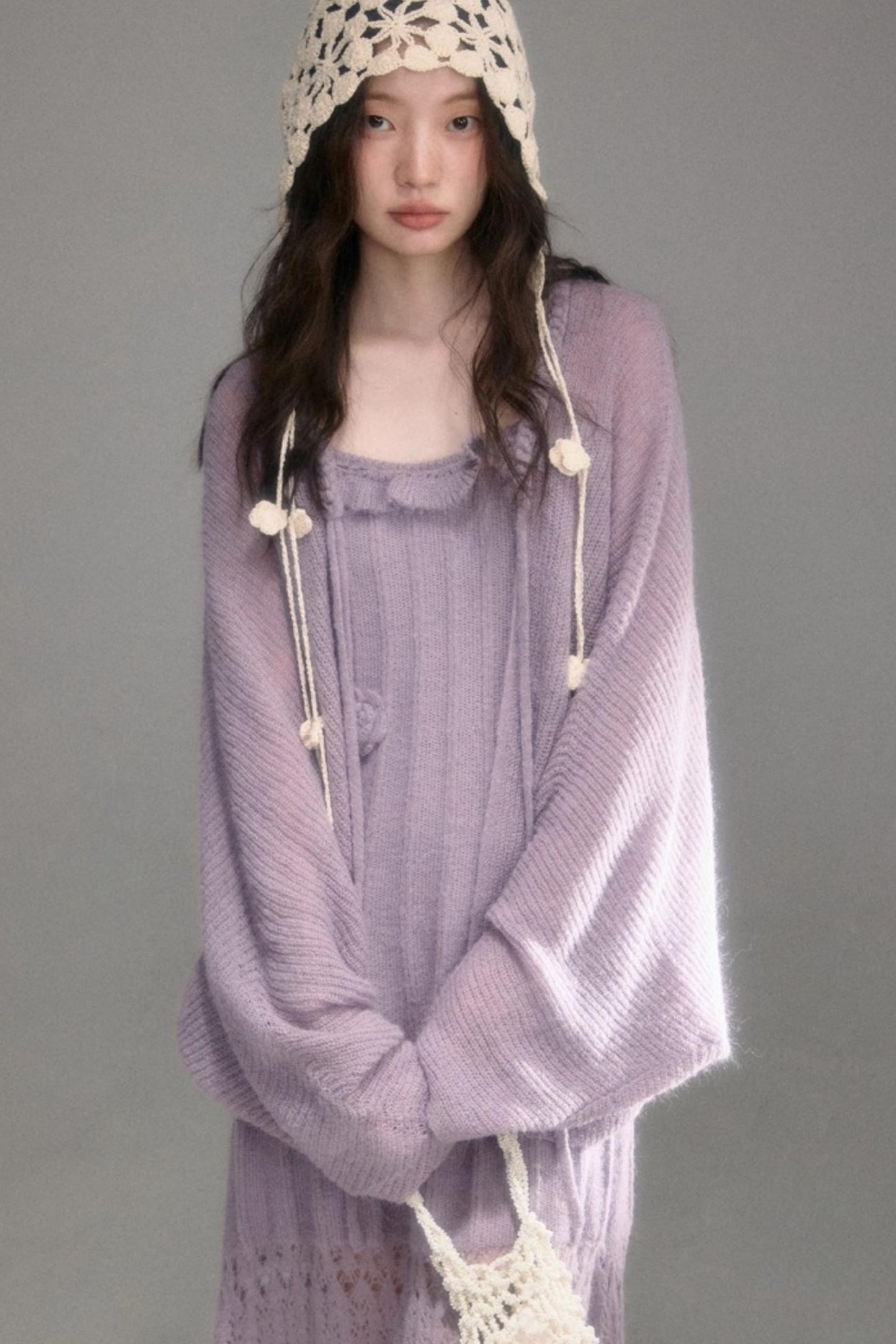 Crochet Knit Camisole Dress Cardigan Set-Up