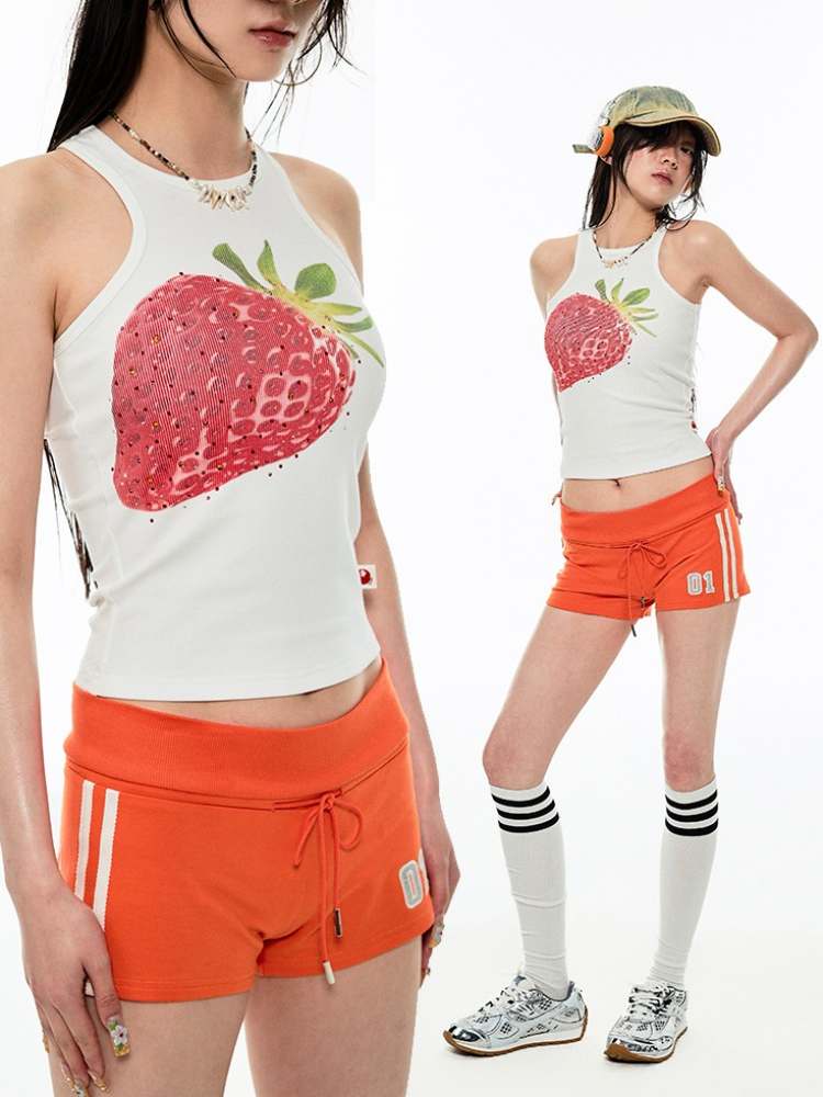 Summer Fruit Print Round Neck Slim Tank Top