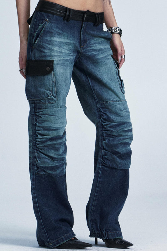 Distressed Denim Patch Pants