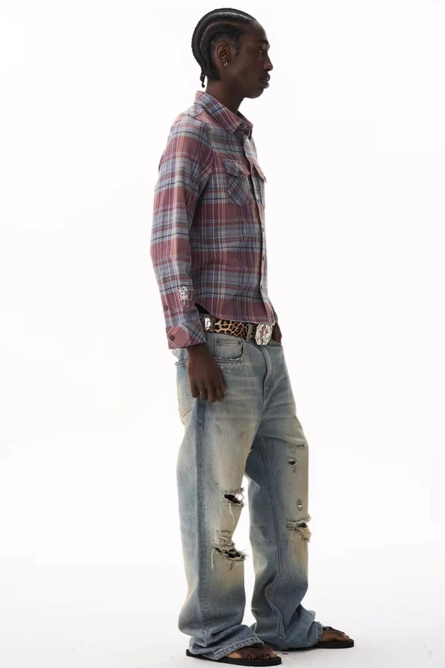 Exitmode Short Plaid Embroidered Shirt