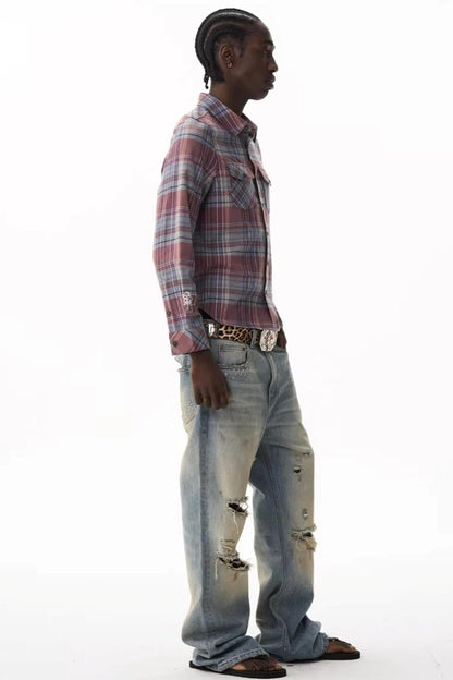 Exitmode Short Plaid Embroidered Shirt