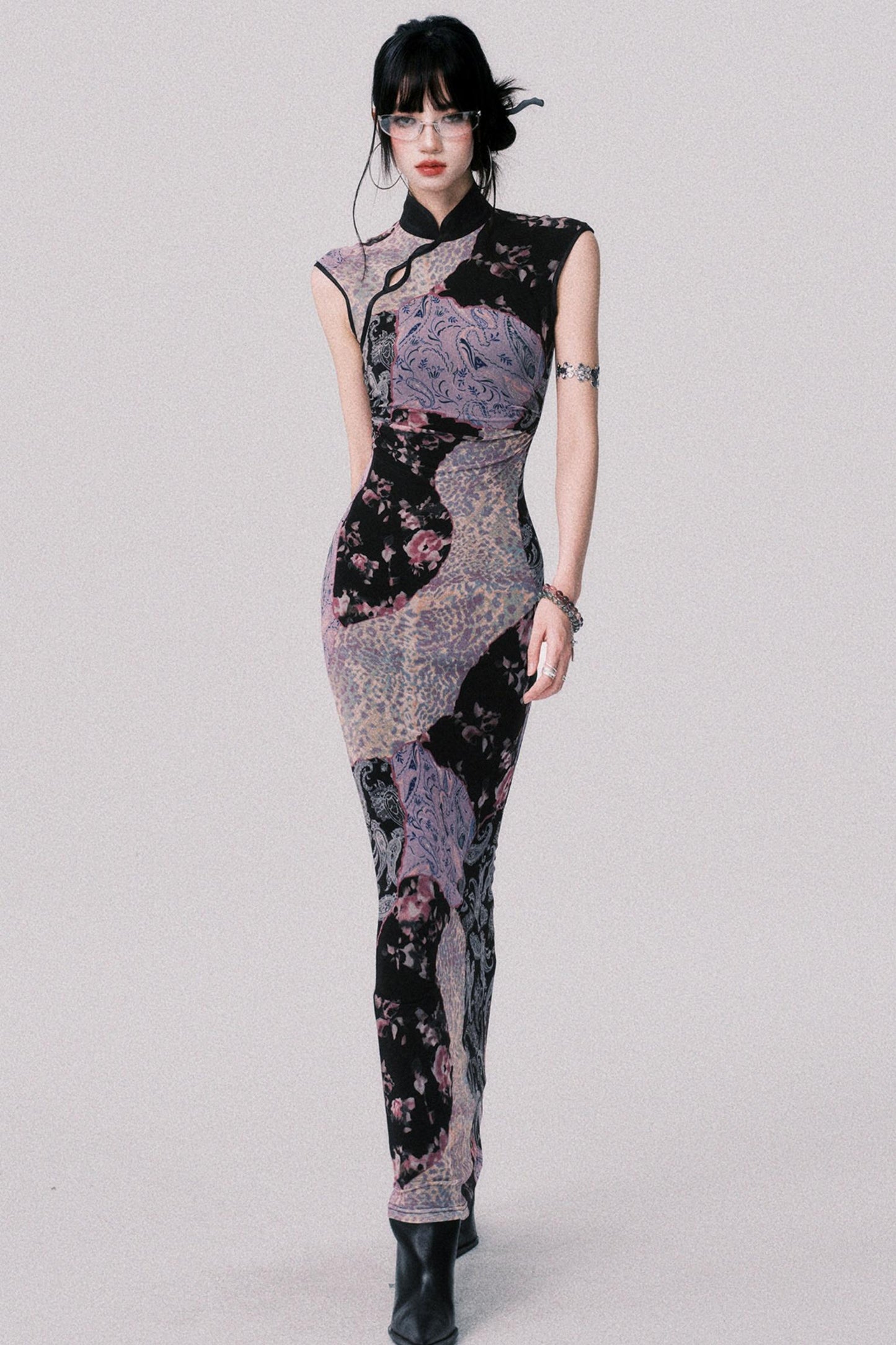 Smokey Purple Color-Blocked Cheongsam Dress