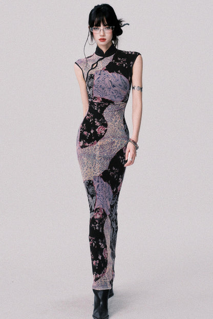 Smokey Purple Color-Blocked Cheongsam Dress