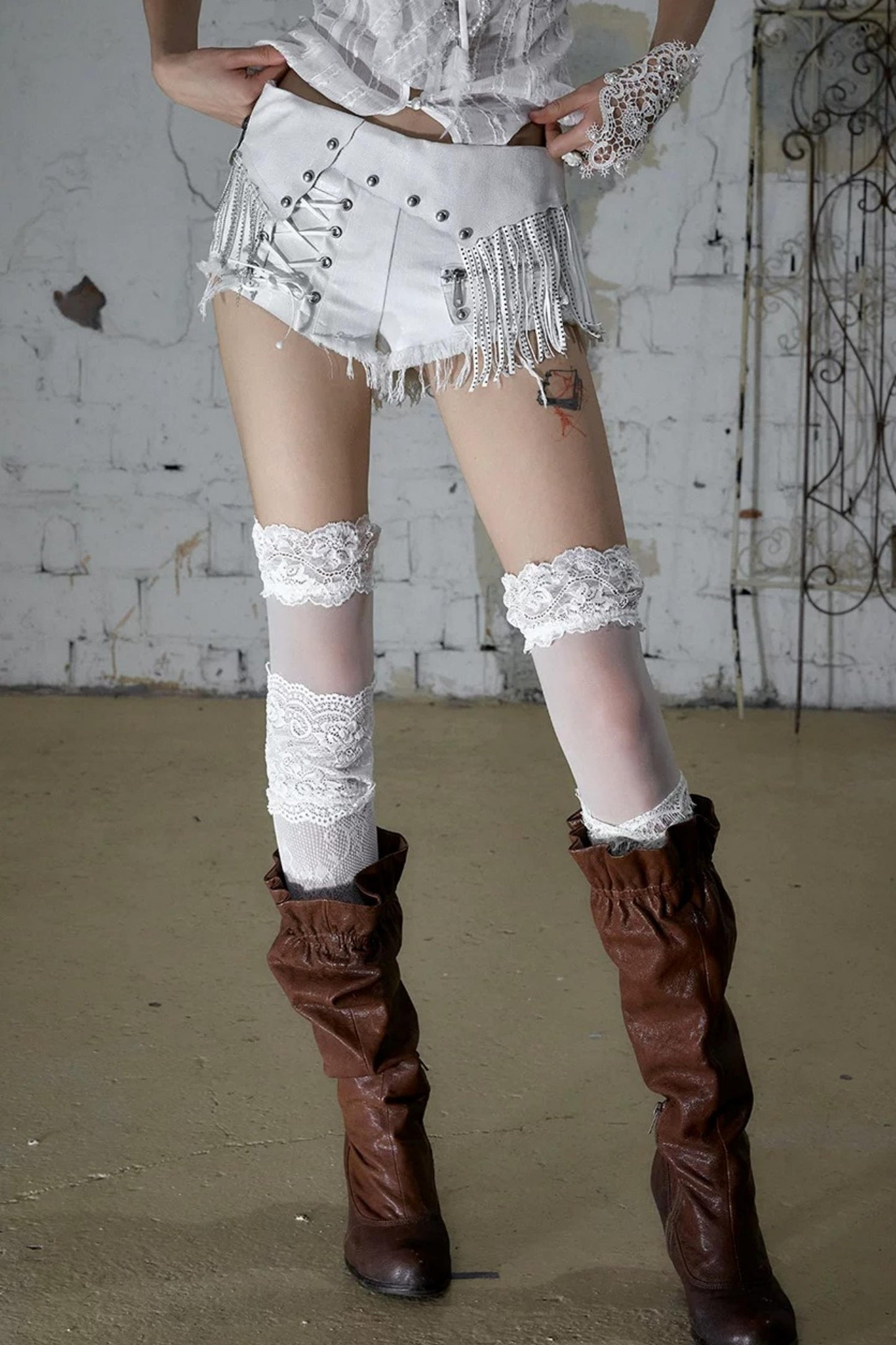 Punk Chain Leather Denim Shorts