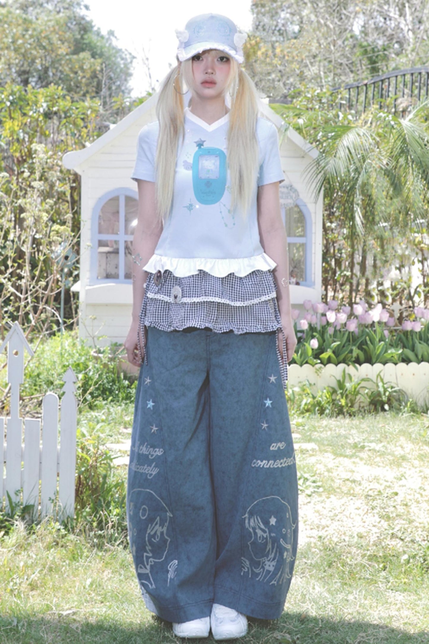 Blue Ruffle V-Neck Tee