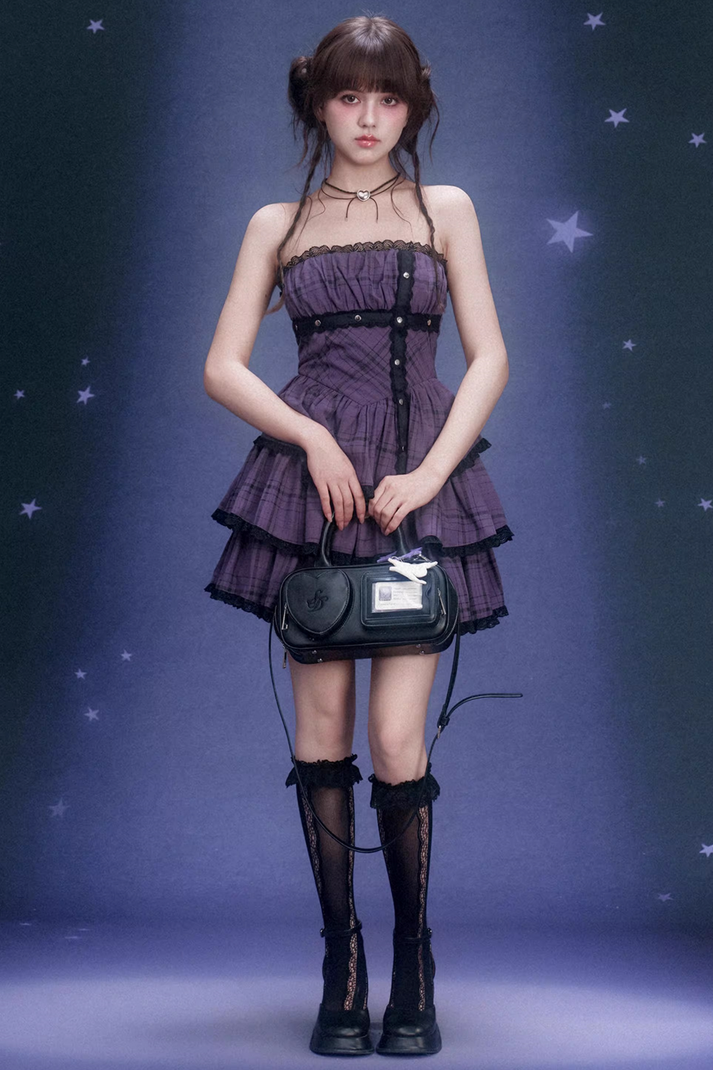 Grape Purple Plaid Strapless Dress Set-Up